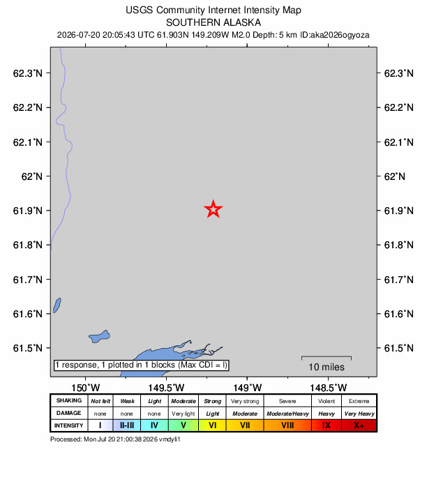 USGS DYFI community-reported intensity map for the M2.0 earthquake near 17 km N of Fishhook, Alaska
