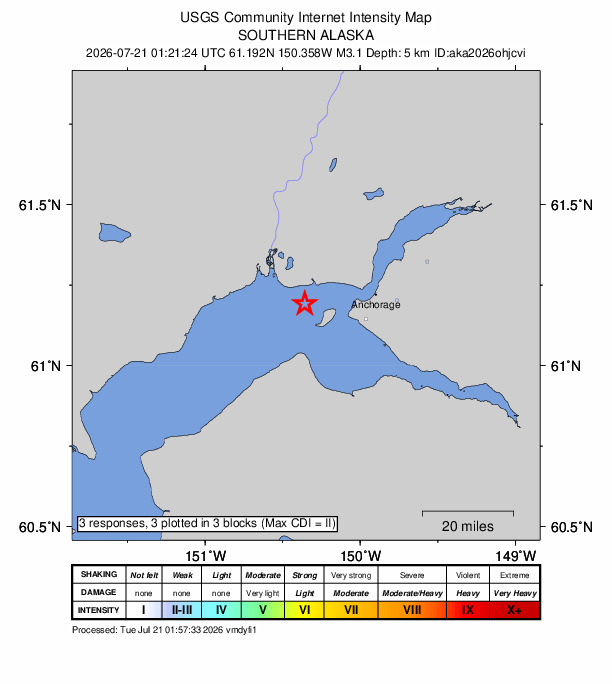 USGS DYFI community-reported intensity map for the M3.1 earthquake near 24 km W of Anchorage, Alaska