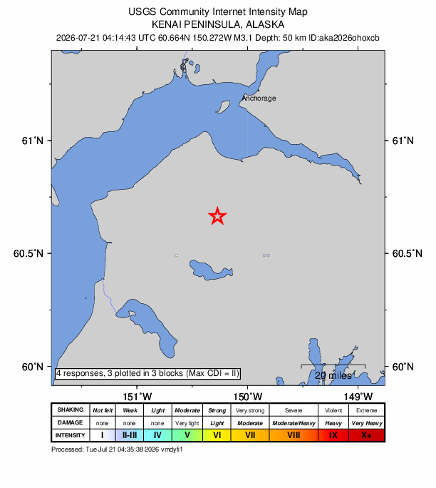 USGS DYFI community-reported intensity map for the M3.1 earthquake near 30 km ENE of Sterling, Alaska