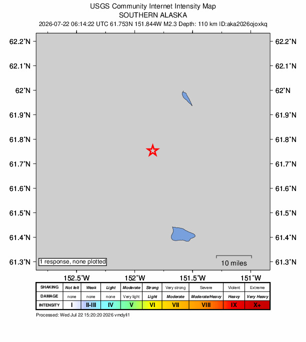 USGS DYFI community-reported intensity map for the M2.3 earthquake near 35 km SW of Skwentna, Alaska