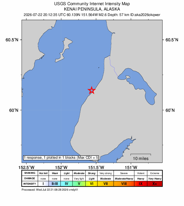 USGS DYFI community-reported intensity map for the M2.6 earthquake near 11 km NNE of Ninilchik, Alaska
