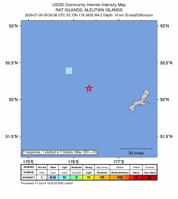 USGS DYFI community-reported intensity map for the M4.2 earthquake near 227 km ESE of Attu Station, Alaska
