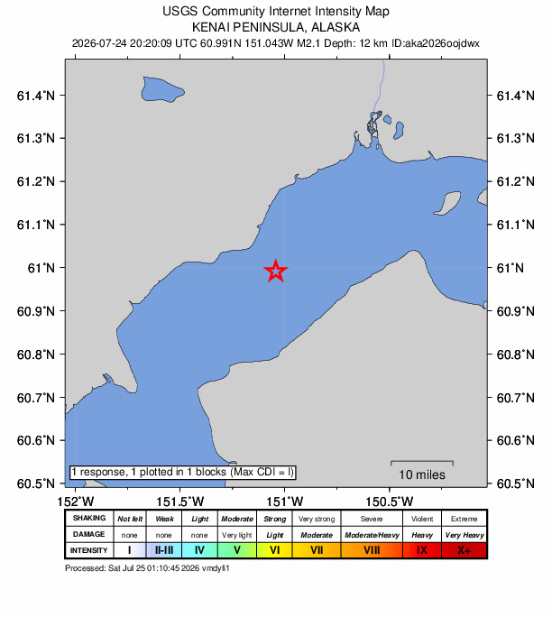 USGS DYFI community-reported intensity map for the M2.1 earthquake near 9 km SSE of Tyonek, Alaska