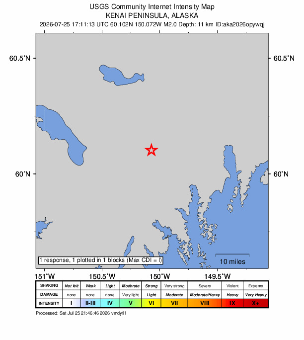 USGS DYFI community-reported intensity map for the M2.0 earthquake near 34 km W of Seward, Alaska
