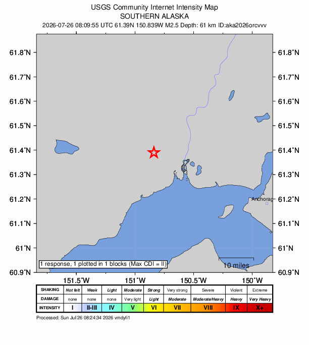 USGS DYFI community-reported intensity map for the M2.5 earthquake near 24 km SW of Susitna, Alaska