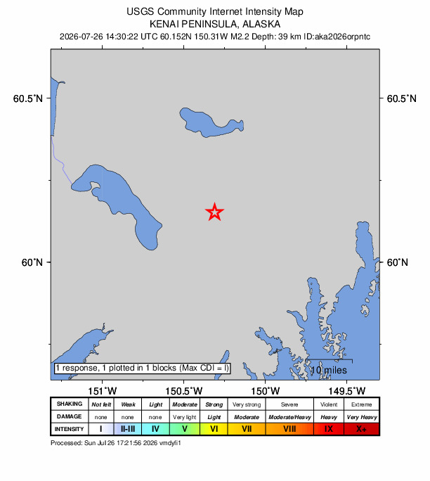 USGS DYFI community-reported intensity map for the M2.2 earthquake near 46 km SW of Cooper Landing, Alaska