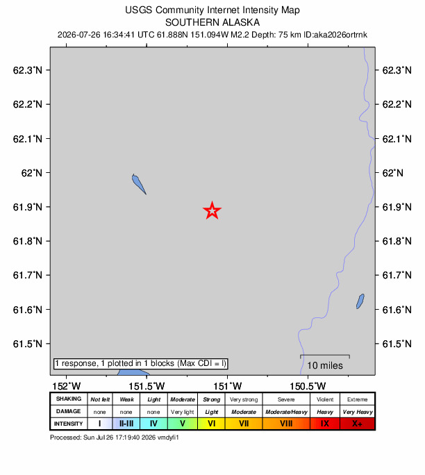 USGS DYFI community-reported intensity map for the M2.2 earthquake near 19 km SE of Skwentna, Alaska