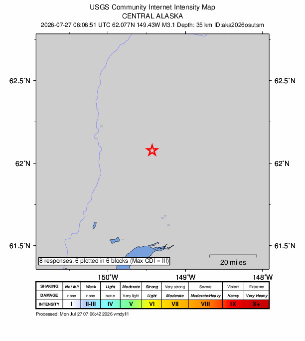 USGS DYFI community-reported intensity map for the M3.1 earthquake near 23 km ESE of Susitna North, Alaska