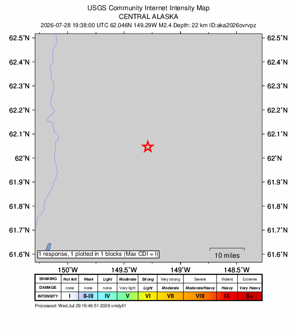 USGS DYFI community-reported intensity map for the M2.4 earthquake near 31 km ESE of Susitna North, Alaska