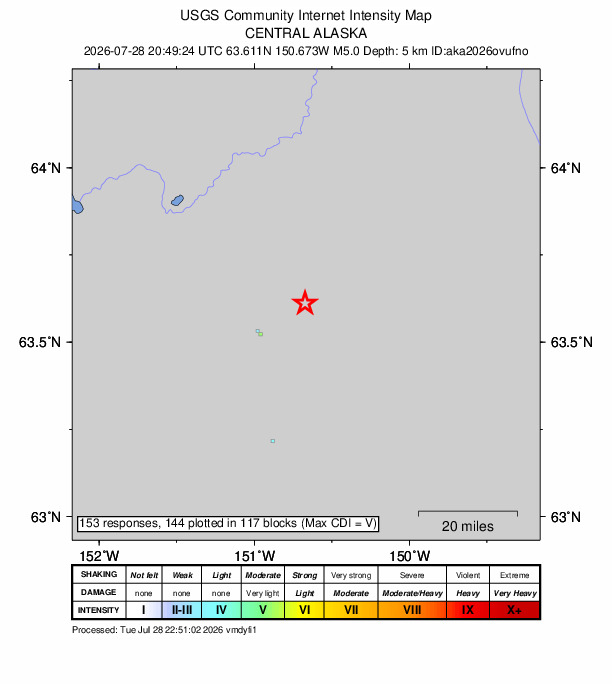 USGS DYFI community-reported intensity map for the M5.0 earthquake near 52 km E of Denali National Park, Alaska