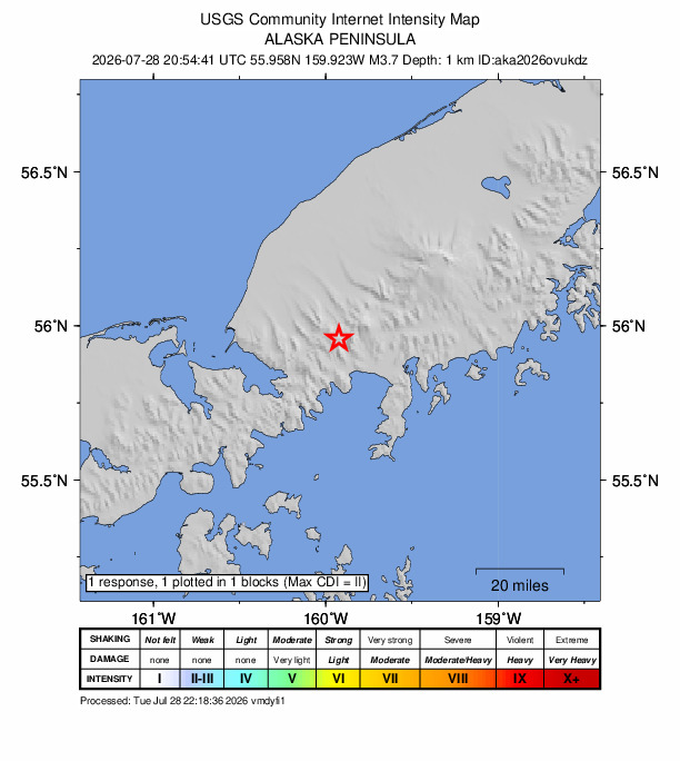 USGS DYFI community-reported intensity map for the M3.7 earthquake near 28 km WNW of Ivanof Bay, Alaska