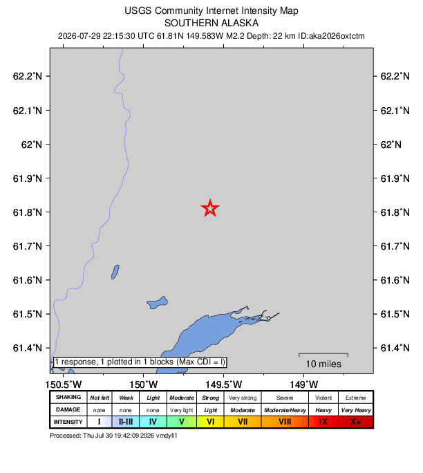 USGS DYFI community-reported intensity map for the M2.2 earthquake near 19 km WNW of Fishhook, Alaska
