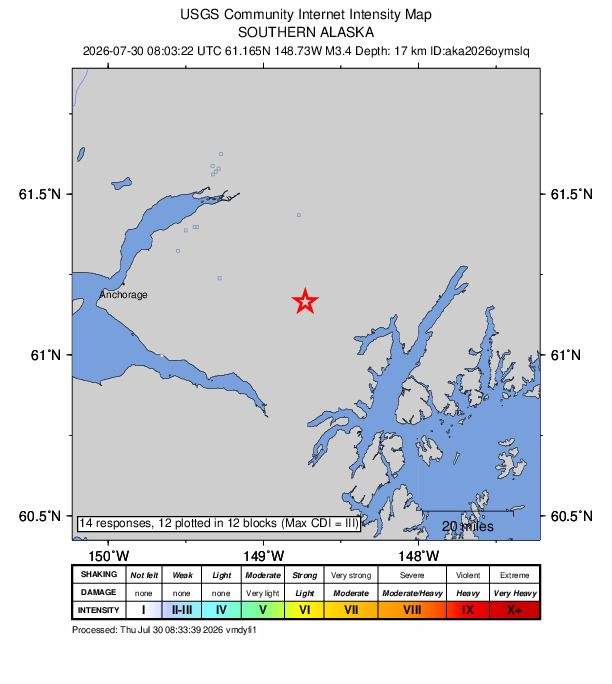 USGS DYFI community-reported intensity map for the M3.4 earthquake near 34 km NE of Girdwood, Alaska