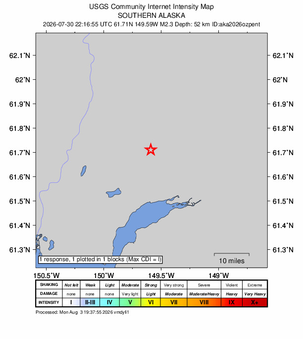 USGS DYFI community-reported intensity map for the M2.3 earthquake near 9 km N of Meadow Lakes, Alaska