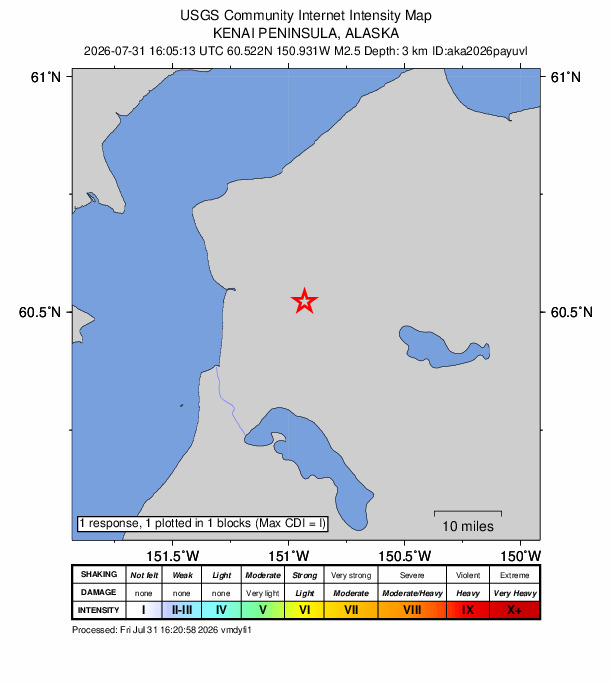 USGS DYFI community-reported intensity map for the M2.5 earthquake near 7 km ENE of Soldotna, Alaska