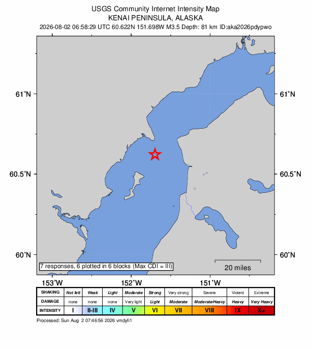 USGS DYFI community-reported intensity map for the M3.5 earthquake near 20 km W of Salamatof, Alaska