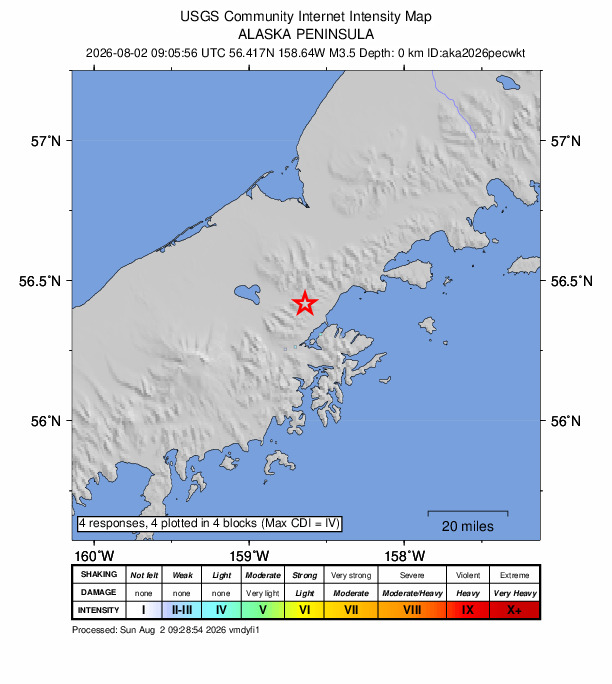 USGS DYFI community-reported intensity map for the M3.5 earthquake near 13 km NNW of Chignik Lagoon, Alaska
