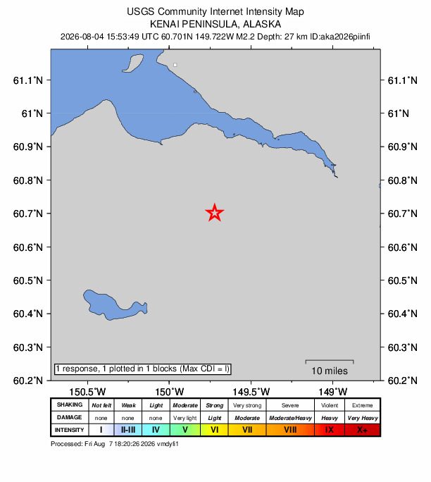 USGS DYFI community-reported intensity map for the M2.2 earthquake near 24 km NNE of Cooper Landing, Alaska
