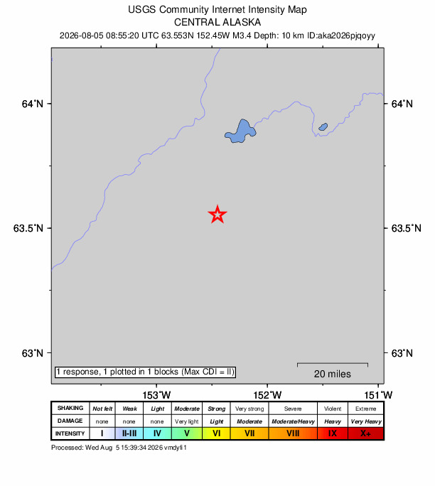 USGS DYFI community-reported intensity map for the M3.4 earthquake near 36 km W of Denali National Park, Alaska