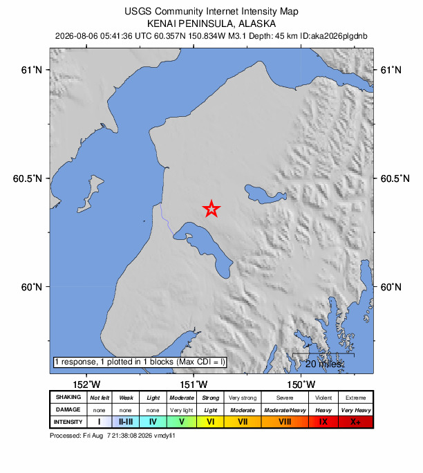USGS DYFI community-reported intensity map for the M3.1 earthquake near 16 km SSW of Funny River, Alaska
