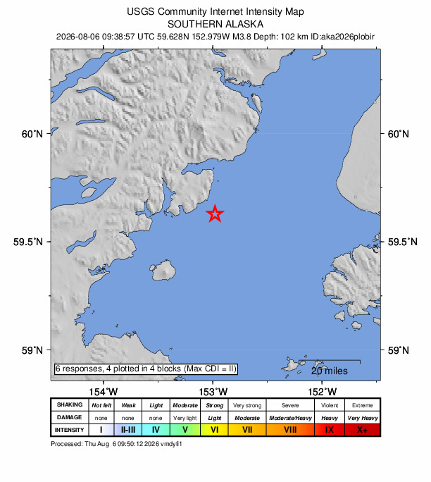USGS DYFI community-reported intensity map for the M3.8 earthquake near 65 km ESE of Pedro Bay, Alaska