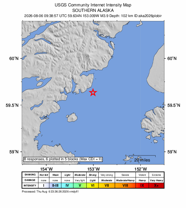 USGS DYFI community-reported intensity map for the M3.9 earthquake near 64 km ESE of Pedro Bay, Alaska