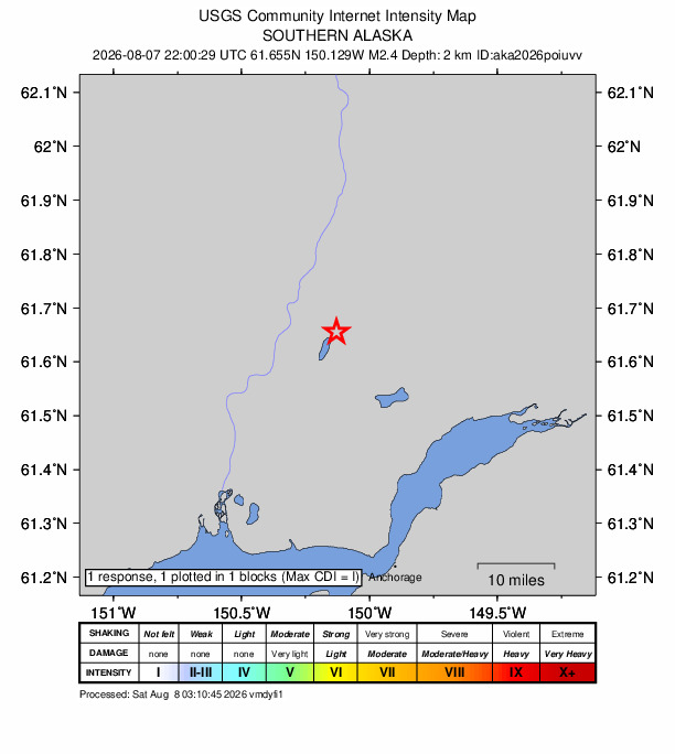 USGS DYFI community-reported intensity map for the M2.4 earthquake near 11 km SSW of Willow, Alaska