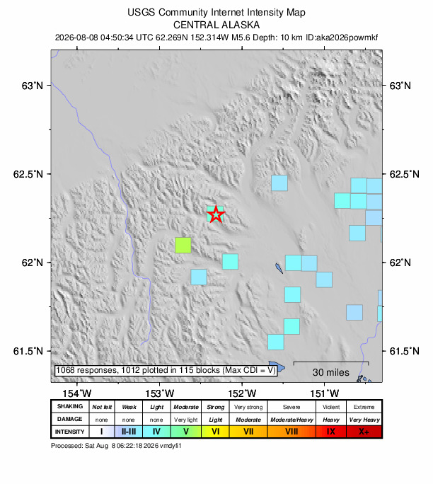 USGS DYFI community-reported intensity map for the M5.6 earthquake near 57 km WNW of Skwentna, Alaska