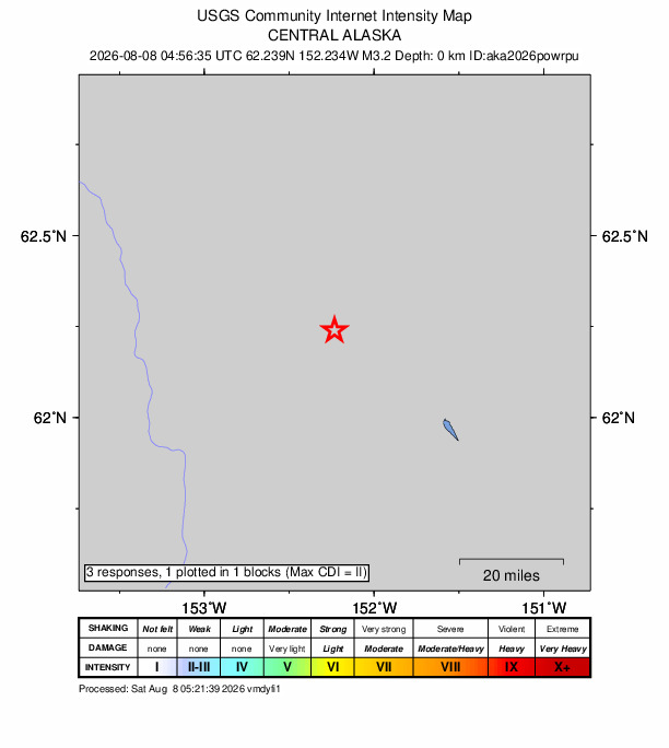 USGS DYFI community-reported intensity map for the M3.2 earthquake near 51 km WNW of Skwentna, Alaska