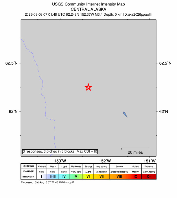 USGS DYFI community-reported intensity map for the M3.4 earthquake near 58 km WNW of Skwentna, Alaska