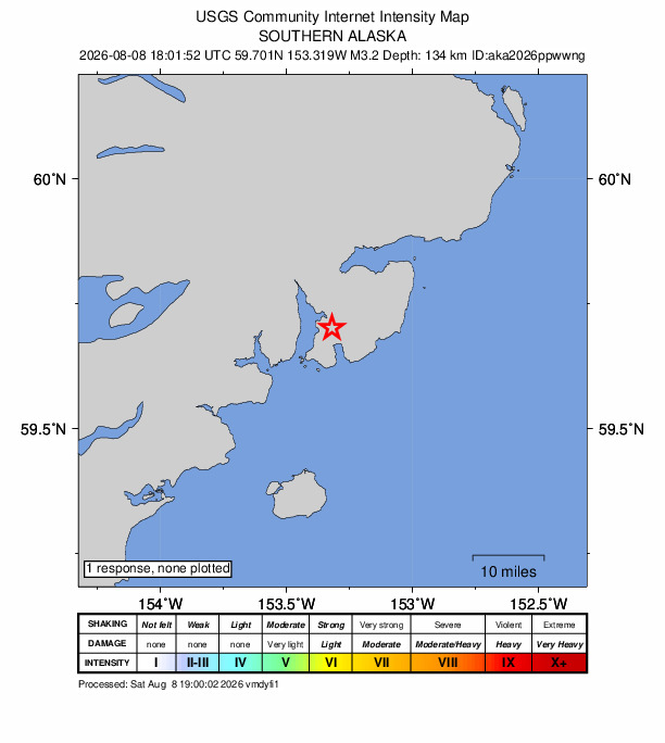 USGS DYFI community-reported intensity map for the M3.2 earthquake near 45 km ESE of Pedro Bay, Alaska