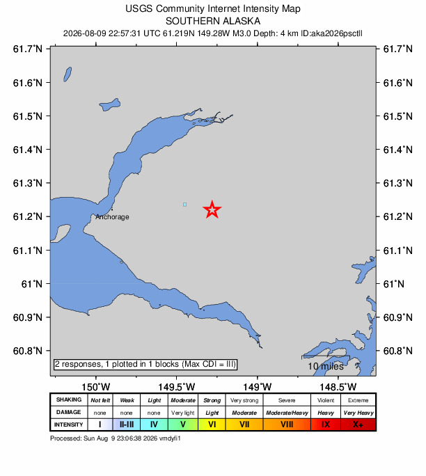 USGS DYFI community-reported intensity map for the M3.0 earthquake near 19 km SE of Eagle River, Alaska