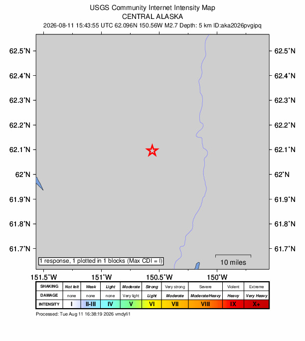 USGS DYFI community-reported intensity map for the M2.7 earthquake near 29 km SW of Trapper Creek, Alaska