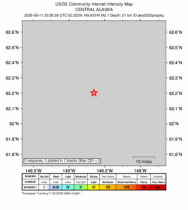USGS DYFI community-reported intensity map for the M2.1 earthquake near 46 km NNW of Chickaloon, Alaska