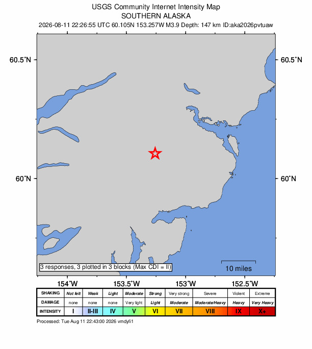 USGS DYFI community-reported intensity map for the M3.9 earthquake near 59 km NE of Pedro Bay, Alaska