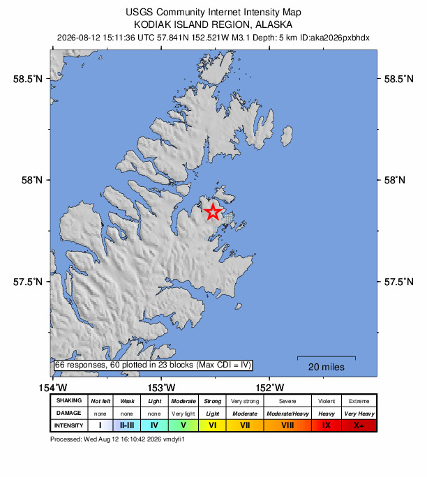 USGS DYFI community-reported intensity map for the M3.1 earthquake near 9 km NW of Kodiak, Alaska