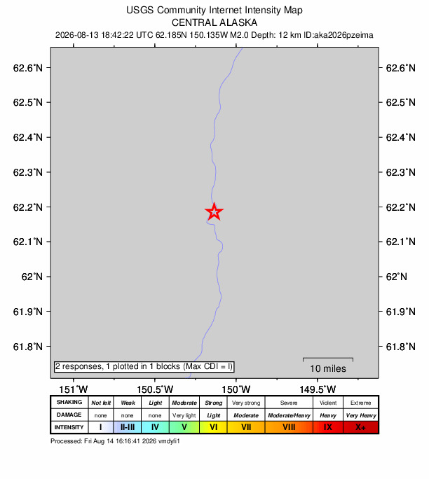 USGS DYFI community-reported intensity map for the M2.0 earthquake near 15 km W of Susitna North, Alaska