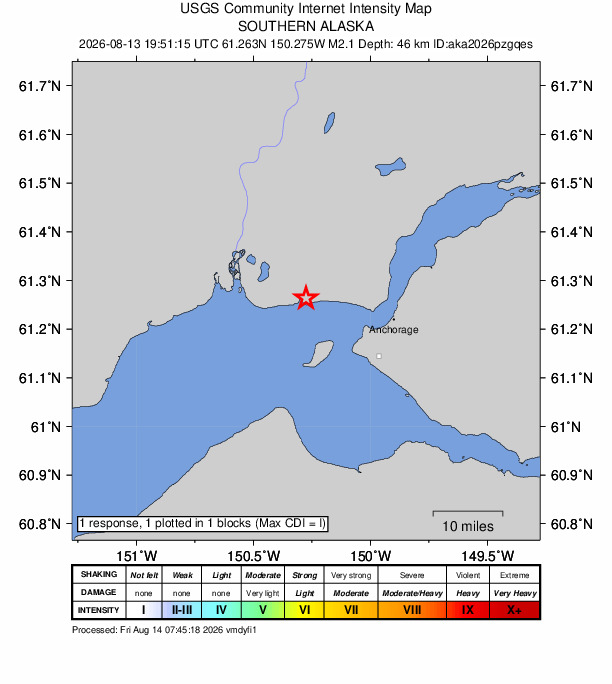 USGS DYFI community-reported intensity map for the M2.1 earthquake near 19 km SW of Point MacKenzie, Alaska