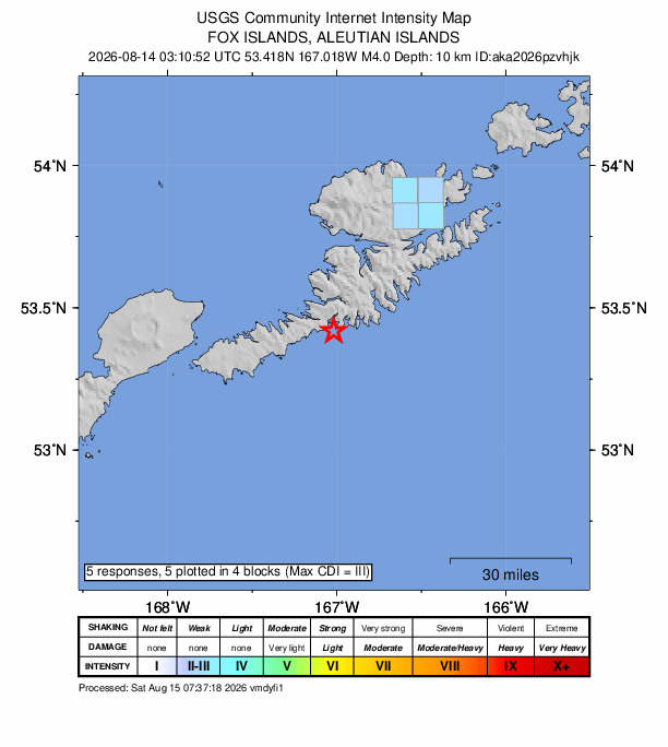 USGS DYFI community-reported intensity map for the M4.0 earthquake near 60 km SSW of Unalaska, Alaska