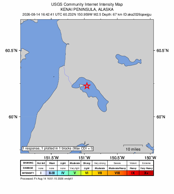 USGS DYFI community-reported intensity map for the M2.5 earthquake near 21 km SE of Kasilof, Alaska