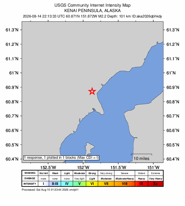 USGS DYFI community-reported intensity map for the M2.2 earthquake near 37 km WNW of Nikiski, Alaska
