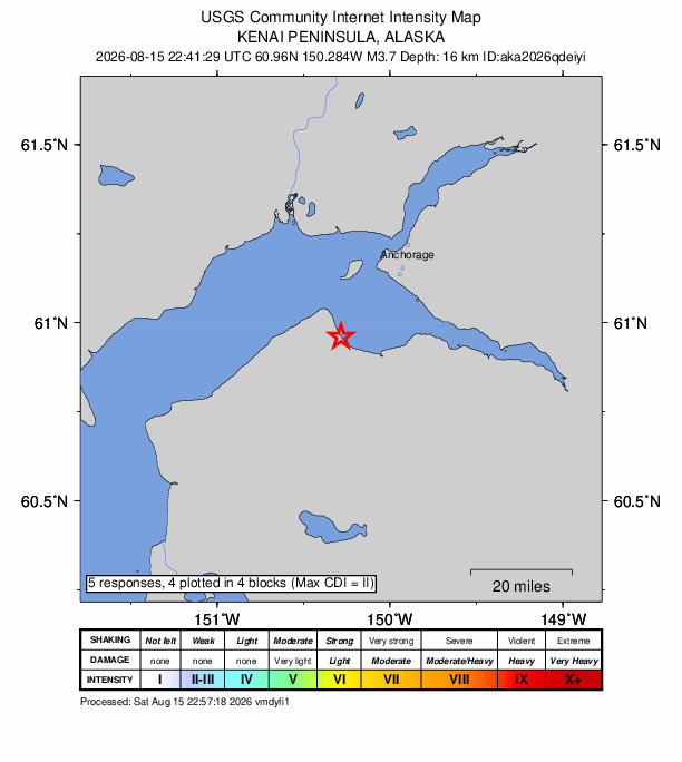 USGS DYFI community-reported intensity map for the M3.6 earthquake near 22 km ENE of Point Possession, Alaska