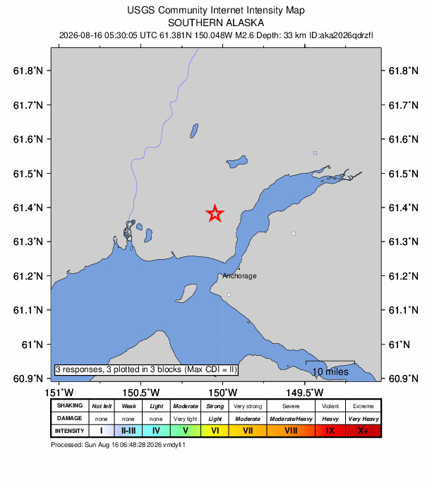 USGS DYFI community-reported intensity map for the M2.6 earthquake near 4 km WNW of Point MacKenzie, Alaska