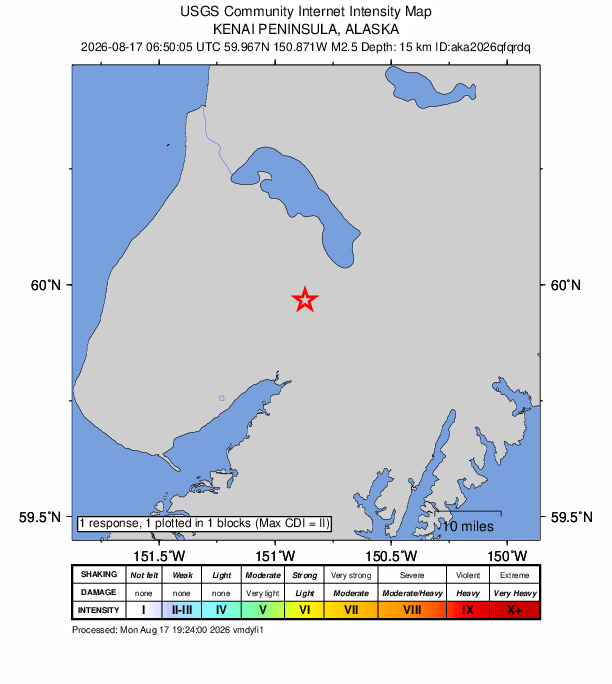 USGS DYFI community-reported intensity map for the M2.5 earthquake near 13 km NNE of Fox River, Alaska