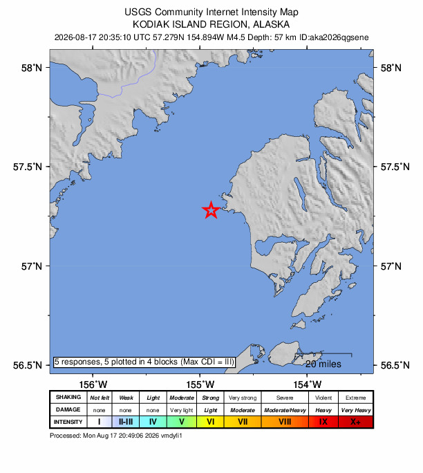 USGS DYFI community-reported intensity map for the M4.5 earthquake near 41 km SW of Karluk, Alaska