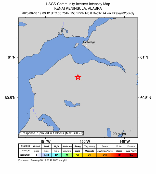 USGS DYFI community-reported intensity map for the M3.0 earthquake near 33 km SE of Point Possession, Alaska
