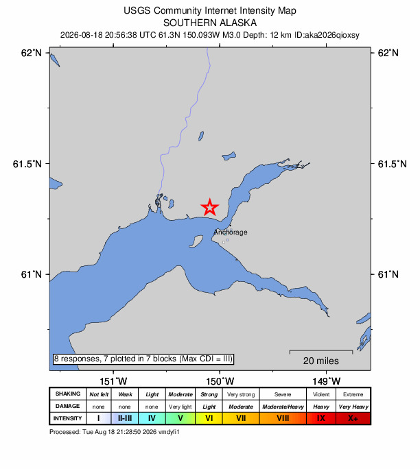 USGS DYFI community-reported intensity map for the M3.0 earthquake near 9 km SW of Point MacKenzie, Alaska