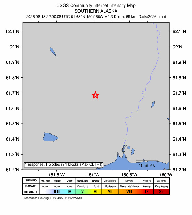 USGS DYFI community-reported intensity map for the M2.3 earthquake near 28 km WNW of Susitna, Alaska