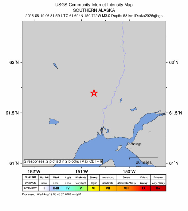 USGS DYFI community-reported intensity map for the M3.0 earthquake near 20 km NW of Susitna, Alaska