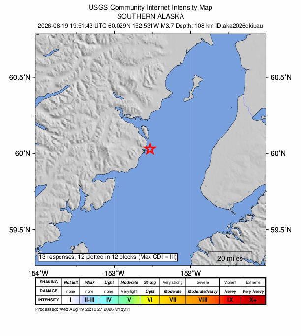 USGS DYFI community-reported intensity map for the M3.7 earthquake near 45 km W of Happy Valley, Alaska